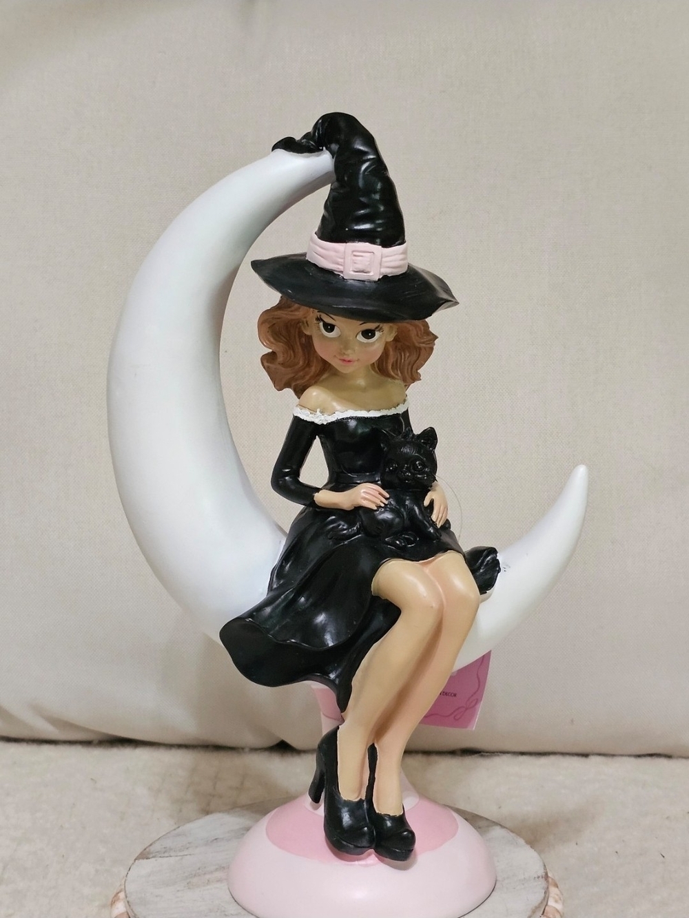 Pink Black Halloween Witch Crescent Moon Cat Figurine 14” Coquette Decor